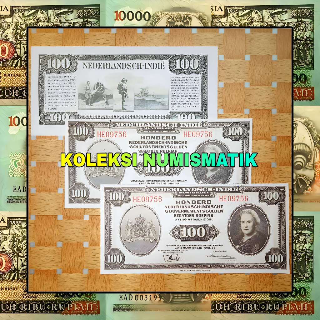 SOUVENIR REPRO UANG KERTAS KUNO HINDIA BELANDA 100 GULDEN NICA WILHELMINA 1943