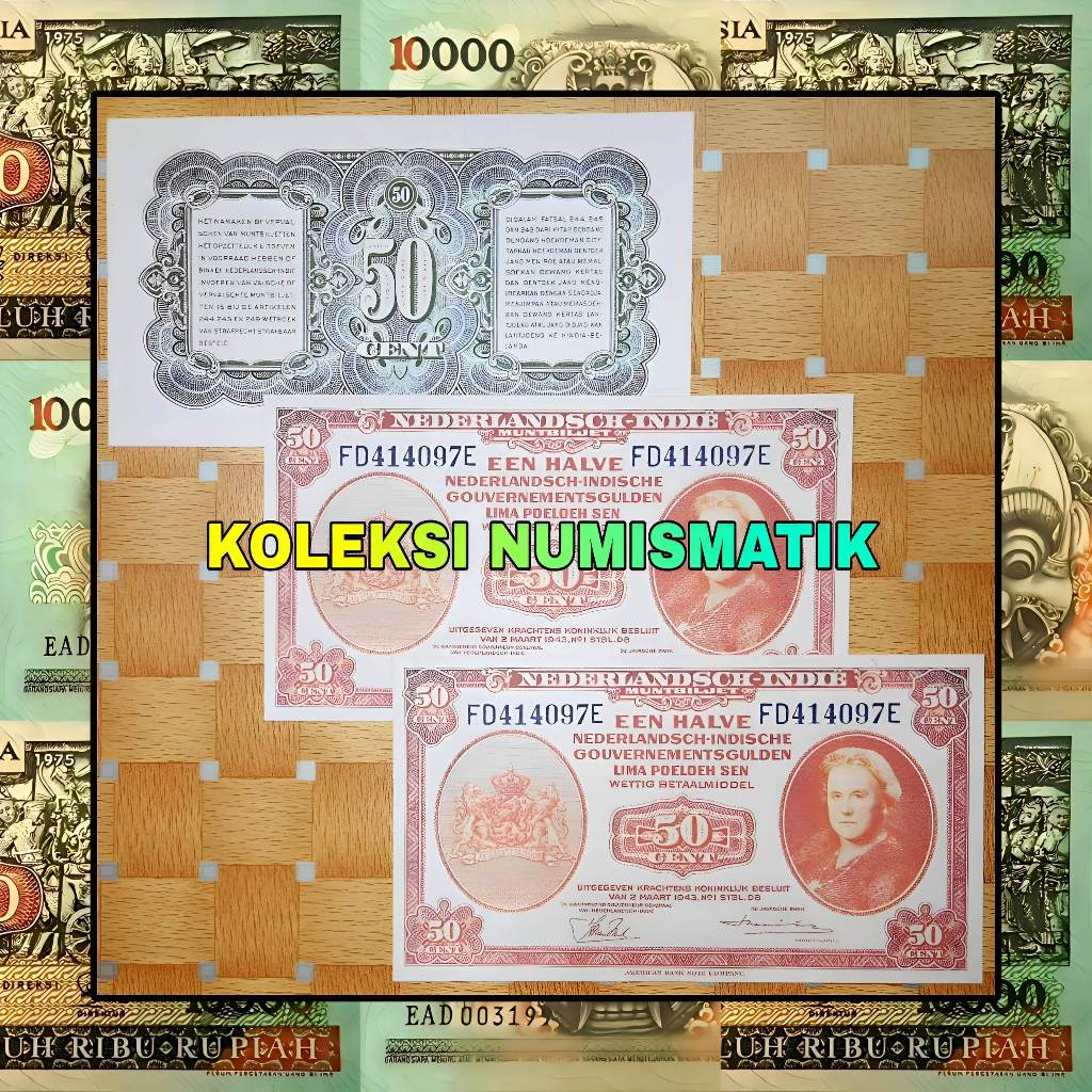 SOUVENIR REPRO UANG KERTAS KUNO HINDIA BELANDA 50 SEN GULDEN NICA WILHELMINA 1943
