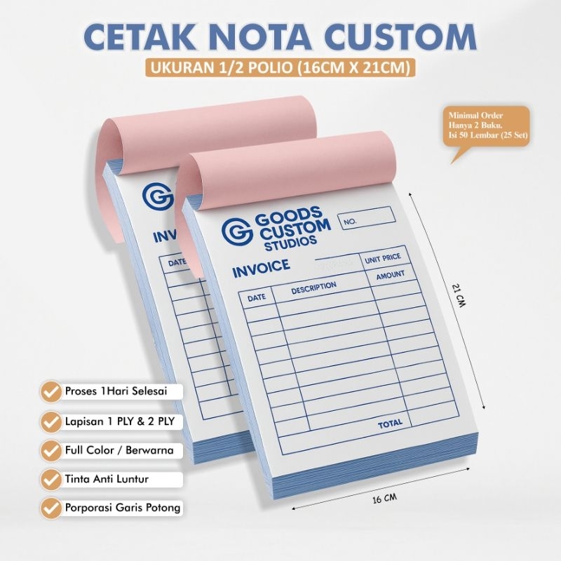 

Cetak Nota Custom 2ply Ukuran 1/2 Polio Bahan Kertas NCR Paper Bebas Desain Ganti Nama & Logo Buku Nota Kwitansi