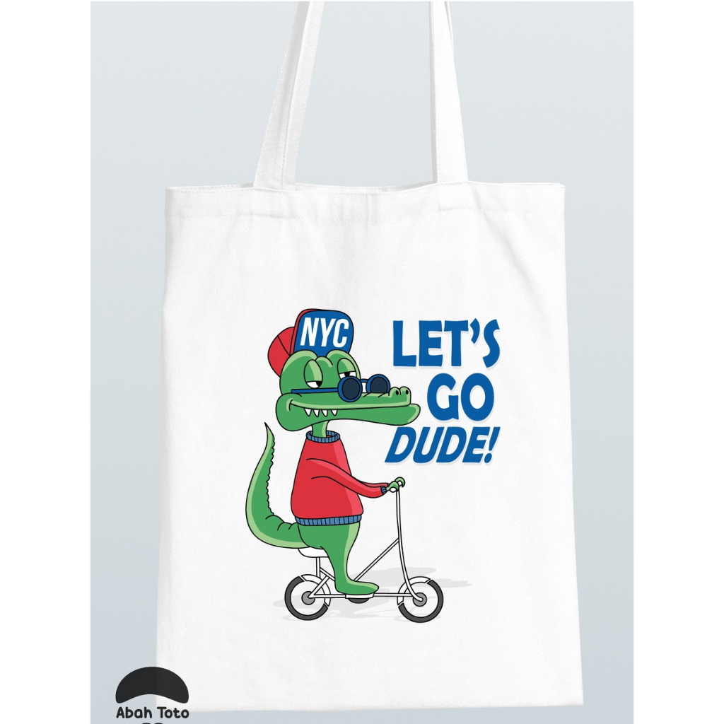Tas Totebag Kanvas Blacu aestetik Premium Tebal Putih Gambar Buaya Crocodile lets go dude