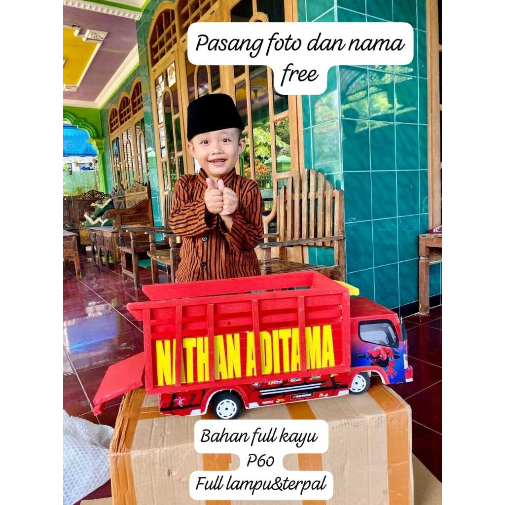 miniatur truk oleng jumbo bahan full kayu pintu belkang bisa dibuka free costum foot dan nama