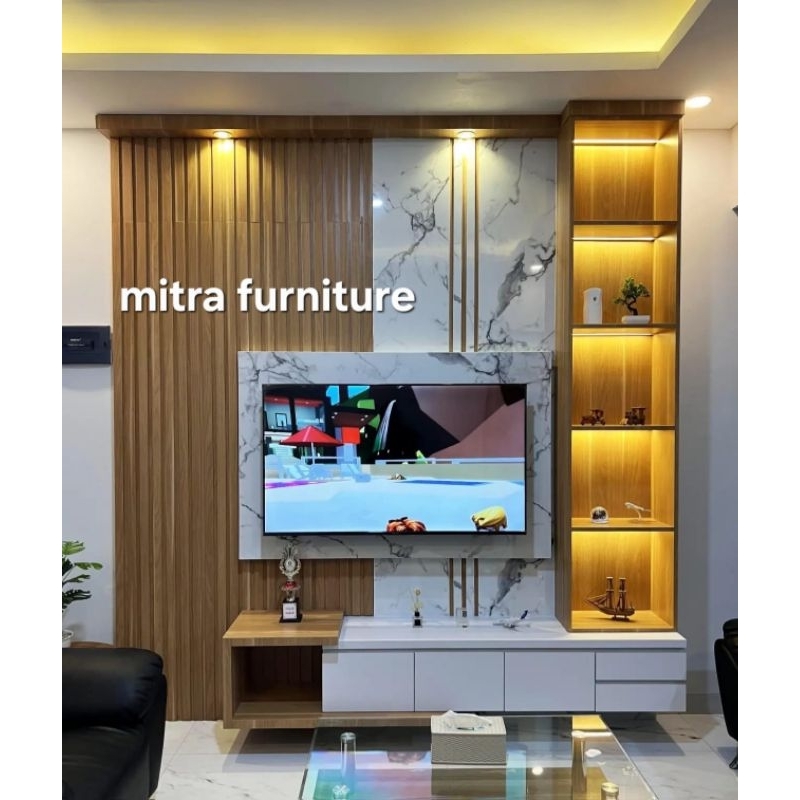 backdrop tv minimalis / partisi ruangan rak tv gantung custom HPL