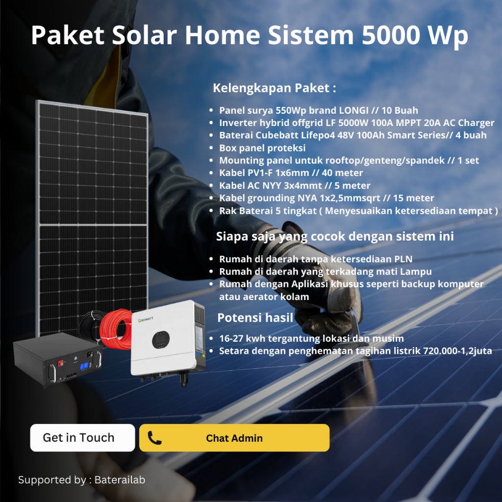 Paket PLTS 5000Wp 5000W interter 19.2Kwh Lifepo4 untuk rumah setara 2200VA sampai 5500VA