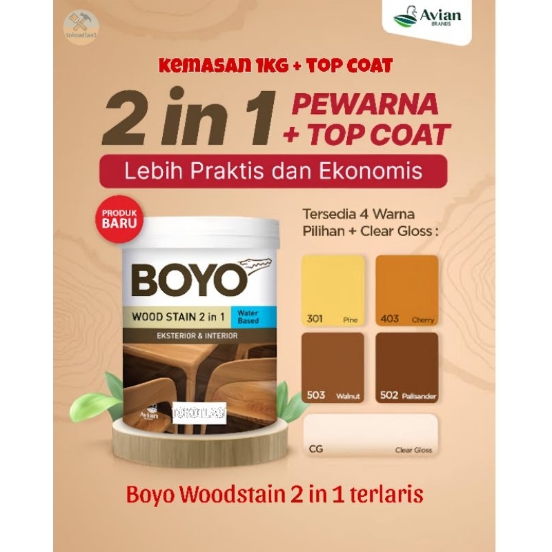 Boyo Woodstain 2 in 1 pewarna + top coat 1liter, Boyo plitur kayu 2 in 1, Boyo Woodstain Plitur kayu