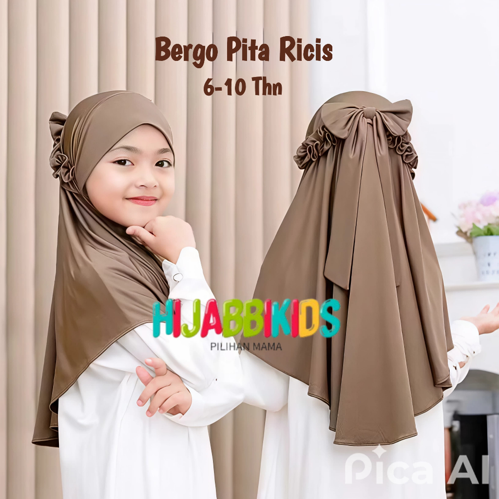 Hijab Anak Bergo Pita Ricis Bahan Adem Size 6 - 10 Tahun | Kerudung Anak Perempuan Jilbab Ricies Kru