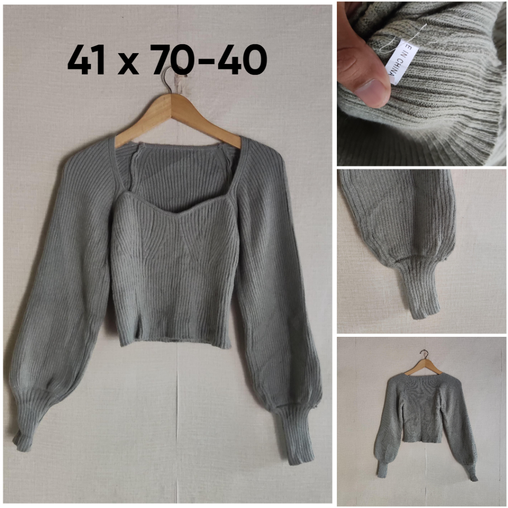 Sweater Crop Lidi Hijau Sage Size M Wanita Atasan Cewek Knit Rajut Lengan Bal0n Empuk ZX198