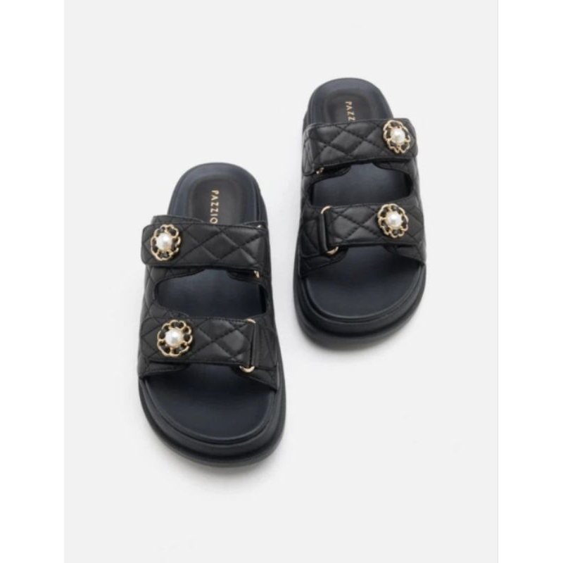 PRE ORDER - PAZZION ORIGINAL LEIA EMBELLISHED QUILTED SLIDES BLACK