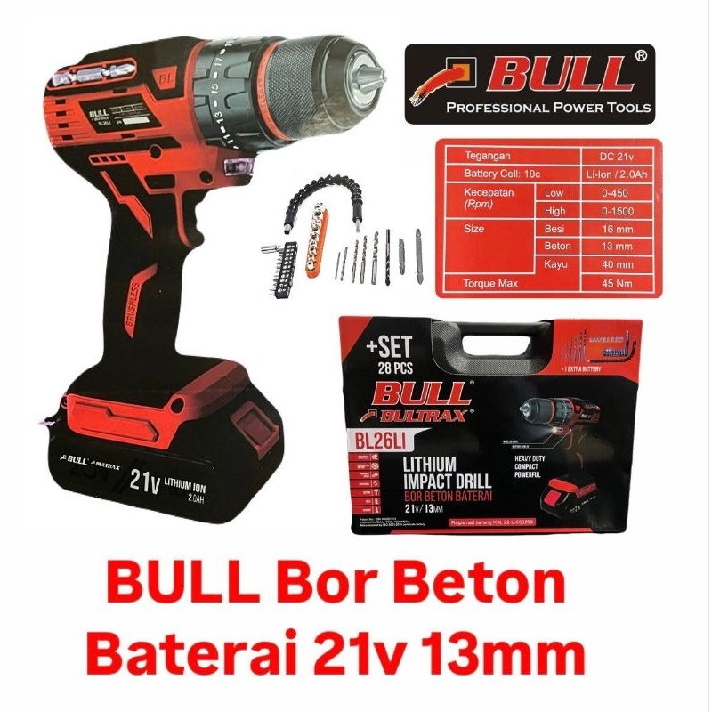 BULL BL26Li Bor beton impact Baterai Cordless 21v 13mm