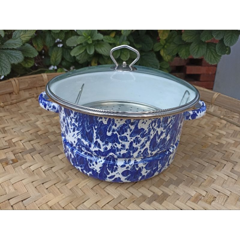 Panci Nasi Sarangan Dandang Blirik Kecil 1 kg 24 cm Enamel Tutup Kaca