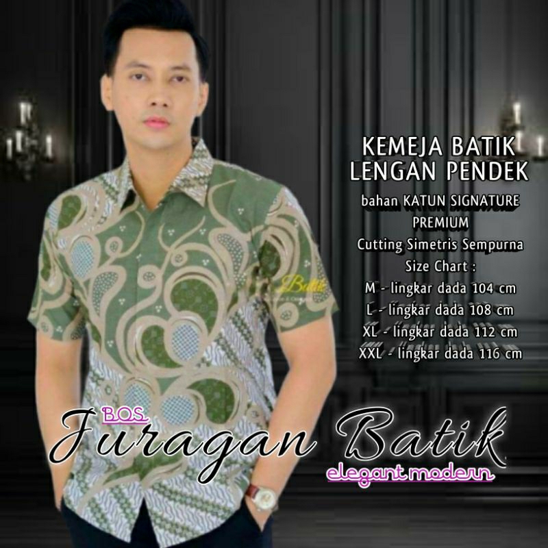 Kemeja Batik Pria Lengan Pendek Warna Hijau Sage | Hem Batik Pria Lengan Pendek - HEM Batik Cowok