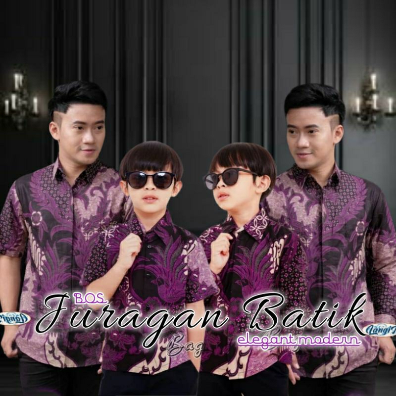 Batik Couple Ayah Dan Anak - Kemeja Batik Couple Ayah Anak Laki-laki - Batik Warna Ungu Navy Hitam