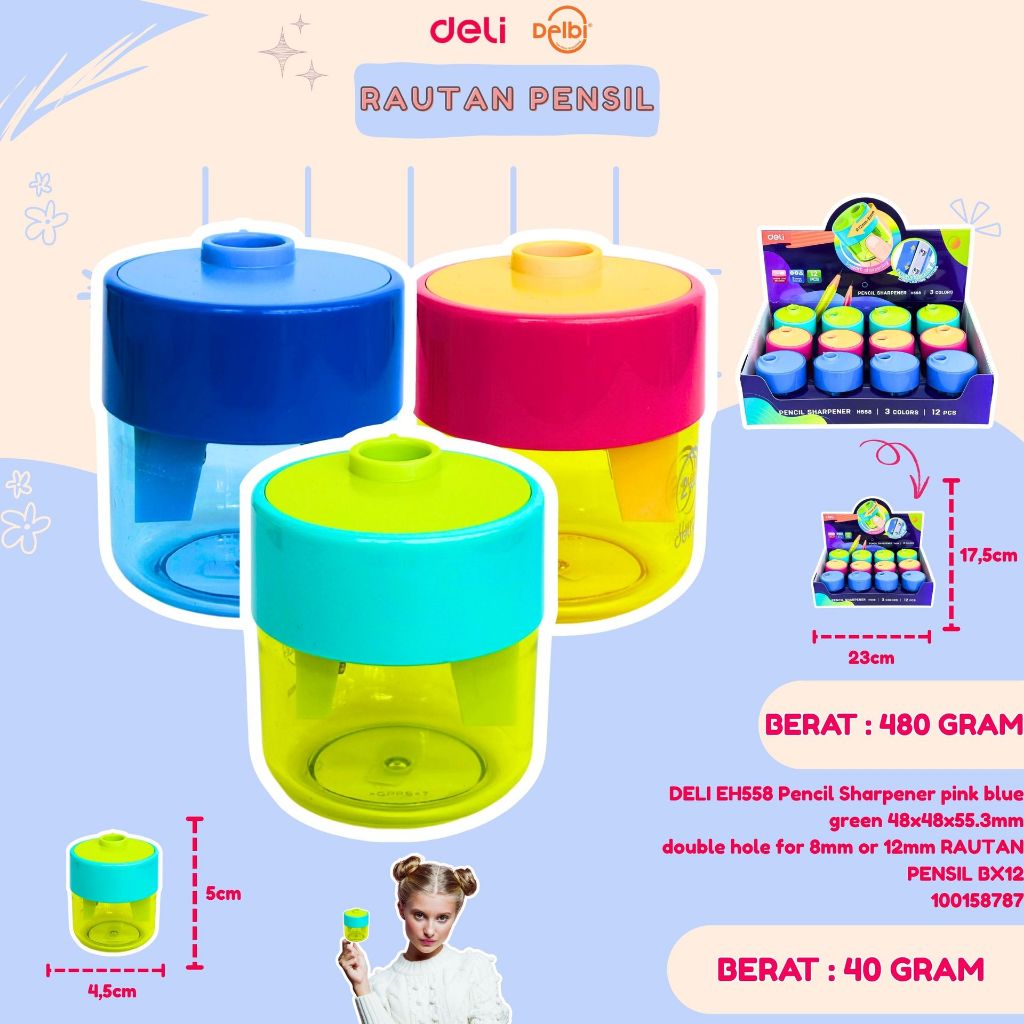

DELI EH558 Pencil Sharpener pink blue green 48x48x55.3mm double hole for 8mm or 12mm RAUTAN PENSIL