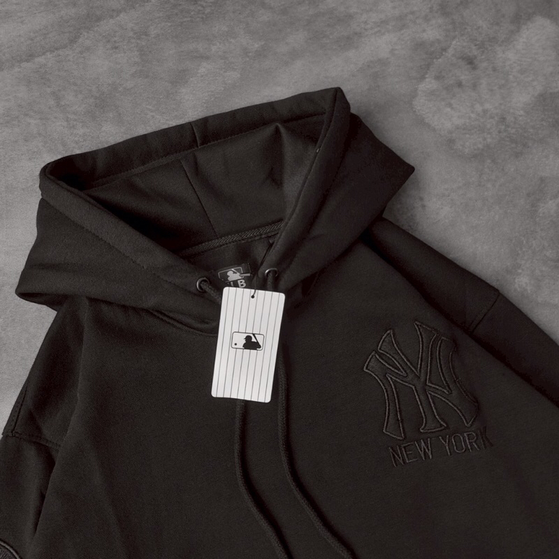 MLB NY Hoodie Embroid Hitam Bordir Logo Sweater Pria Wanita Premium Full Tag