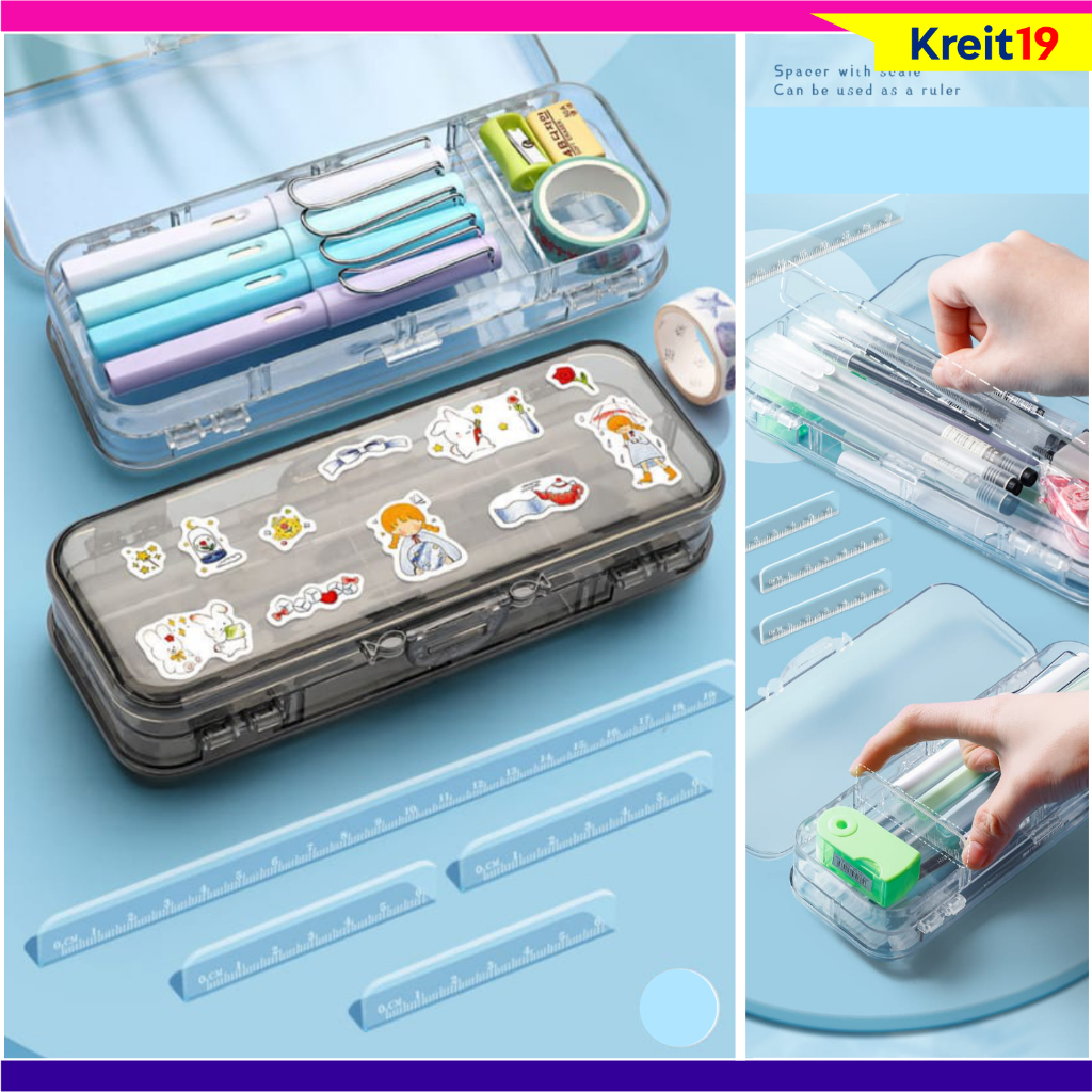 

Kotak Pensil Transparan Double Layer Bisa disekat Pencil Case Box Tempat Pensil