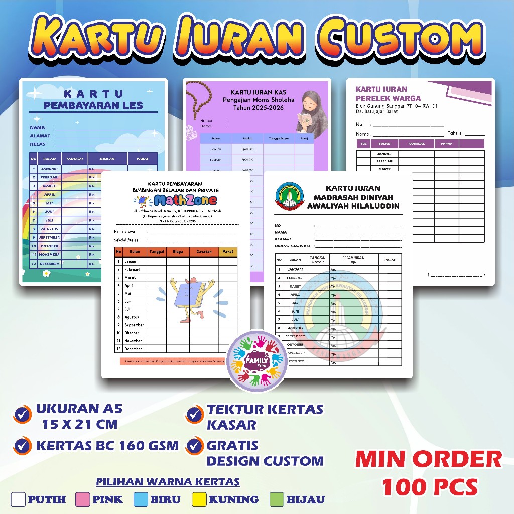 

KARTU IURAN RT WARGA ( CUSTOM ) / KARTU SPP / KARTU INFAQ / KARTU BIMBEL / KARTU BAYARAN SEKOLAH