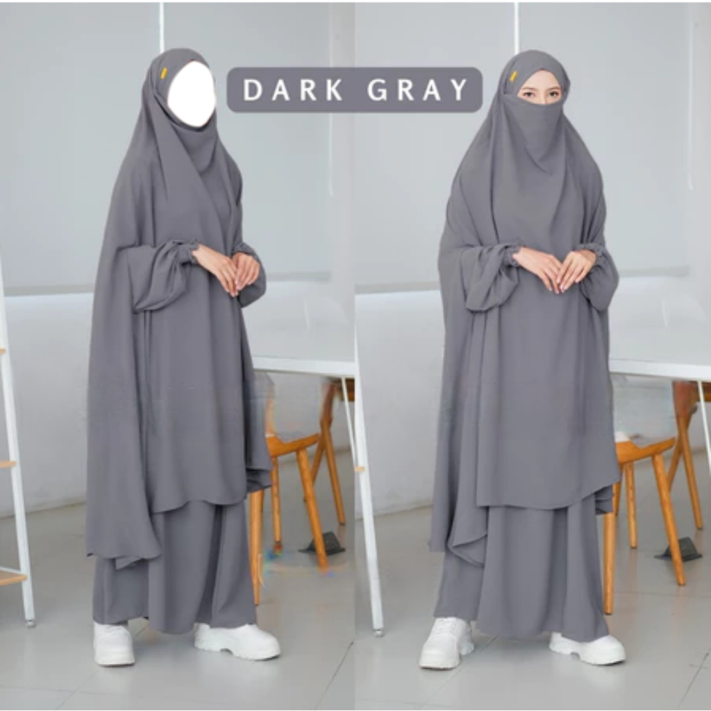 French Set Gamis Khimar Syari Dark Gray - Bahan Dingin Lembut Jatuh Anti Kusut & UV Premium