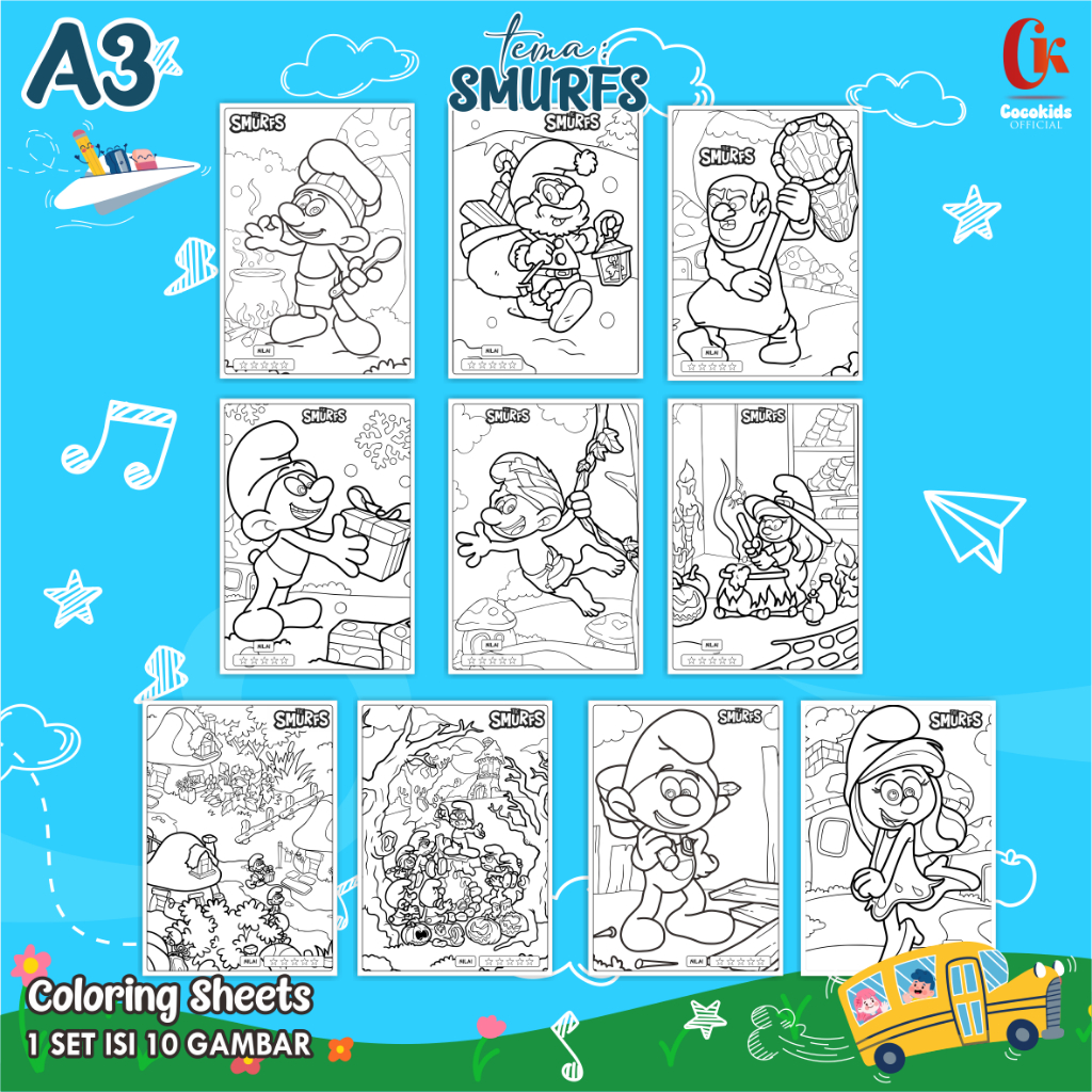 

(SMURF 01) KERTAS MEWARNAI ANAK A3 - COLORING SHEETS SERIES 1 - LEMBAR MEWARNAI ANAK PAUD/TK/SD
