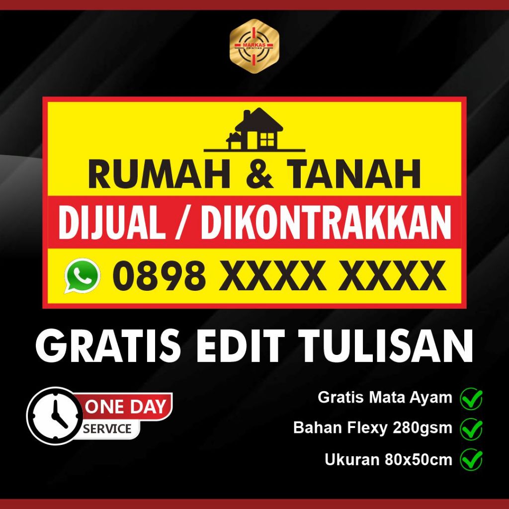 [ 100x50 ] Cetak Spanduk Custom Rumah dan Tanah Dijual / Dikontrakkan