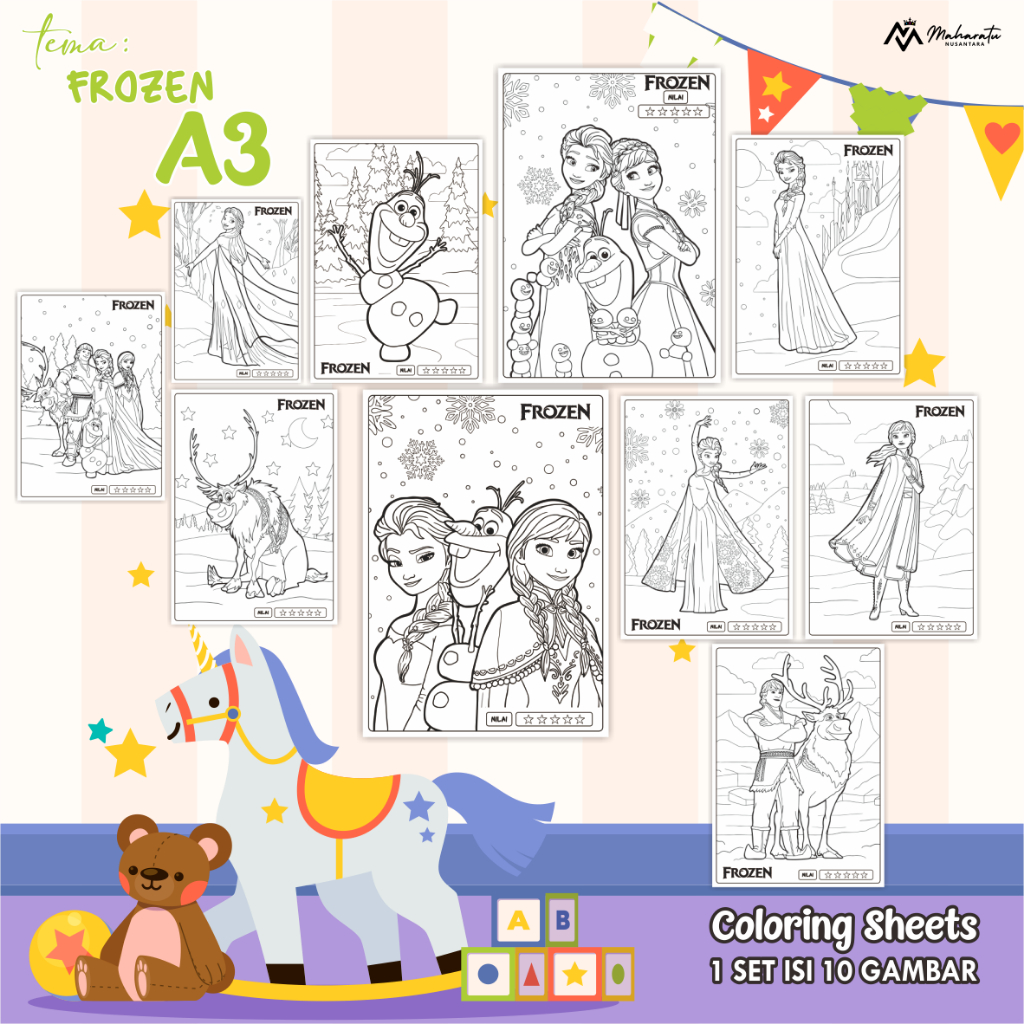 [FROZEN] KERTAS MEWARNAI UNTUK ANAK - KERTAS BER GAMBAR ANAK 1 SET READY STOCK - COLORING SHEETS A3