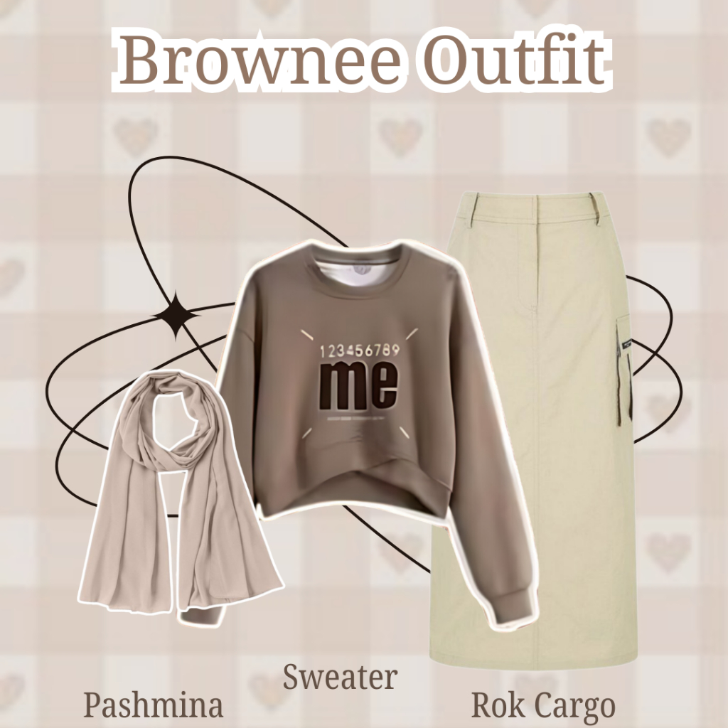 Brownee Outfit Set [ Sweater + Rok Cargo + Pashmina ] OOTD Korean Simple Cocok Untuk Hangout dan Nga