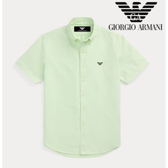 Kemeja Giorgio Armani Pria Polos Lengan Pendek Slimfit Cetak Krah Turn Down Logo Bordir Formal