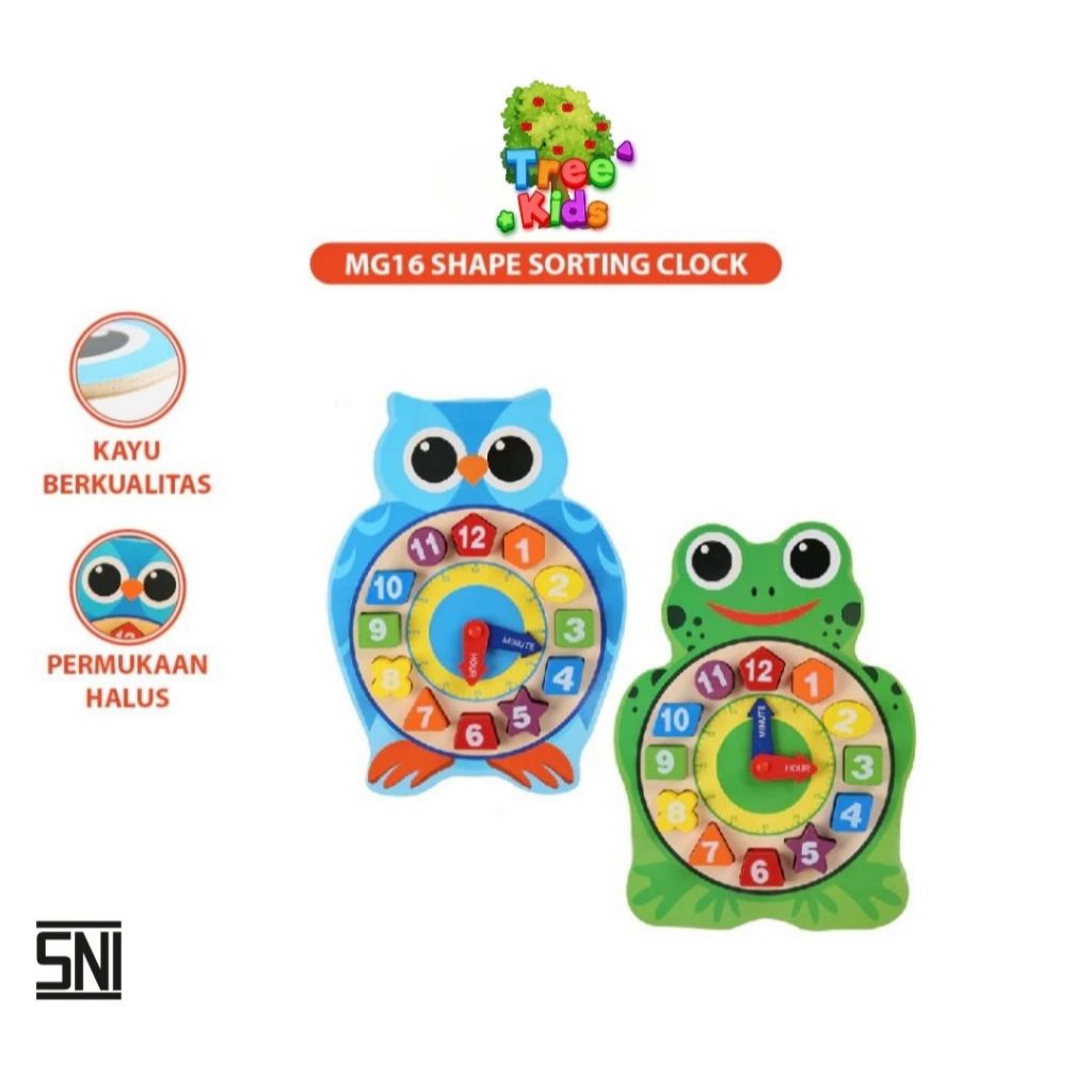 Mainan Edukasi anak Jam Kayu/Shape Sorting Clock/Mainan Jam Kayu Tebal/Mainan Jam Anak Hewan/Mainan 