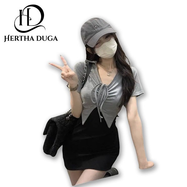 Hertha Duga summer mini dress wanita korean style party dress hitam dress lengan pendek kekinian