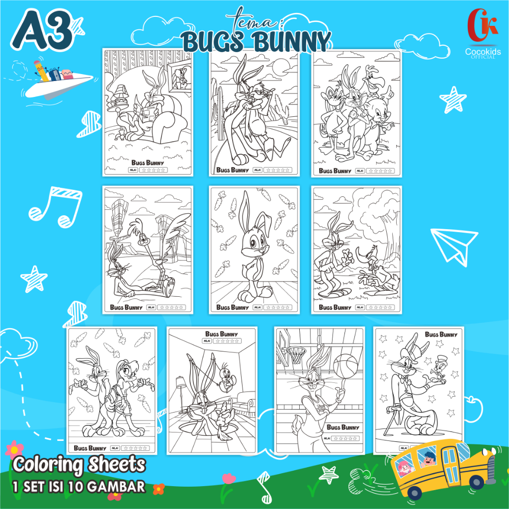 

(BUGS BUNNY 01) KERTAS MEWARNAI ANAK A3 - COLORING SHEETS SERIES 1 - LEMBAR MEWARNAI ANAK PAUD/TK/SD