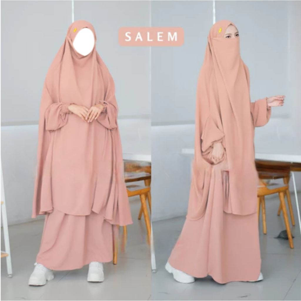 French Set Gamis Khimar Syari Warna Salem – Bahan Dingin Lembut Jatuh Anti Kusut & UV Premium