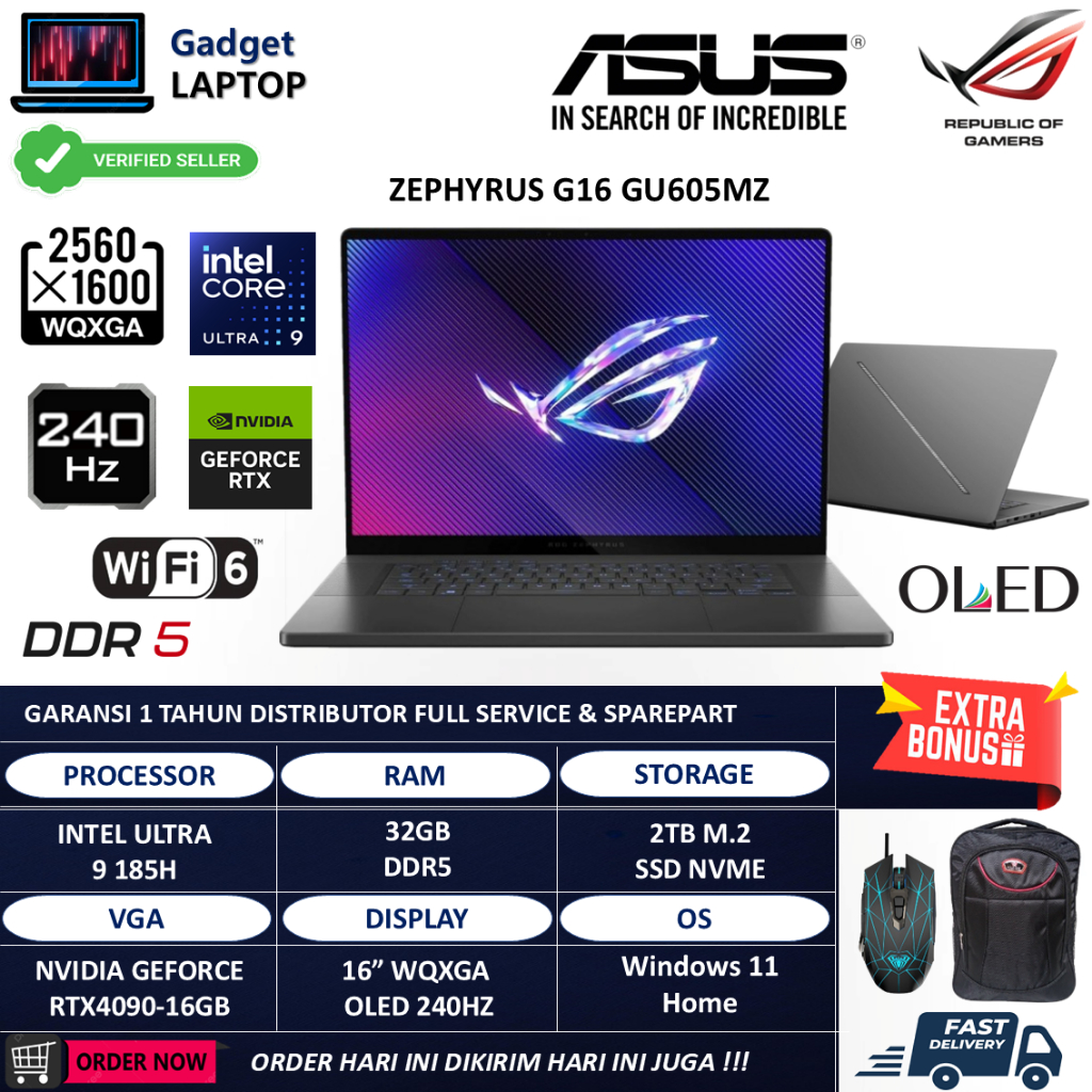 Asus ROG Zephyrus G16 GU605MZ Intel Ultra 9 185H 32GB DDR5 2TB RTX4090-16GB WQXGA OLED RGB 240Hz