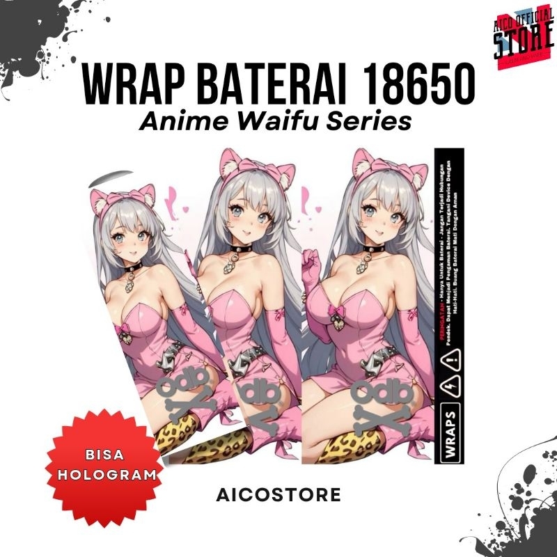 Aicostore - Wrap Baterai 18650 Anime Waifu Series | Anti Air Jamur | Hitam Ungu Pink | Bisa Hologram