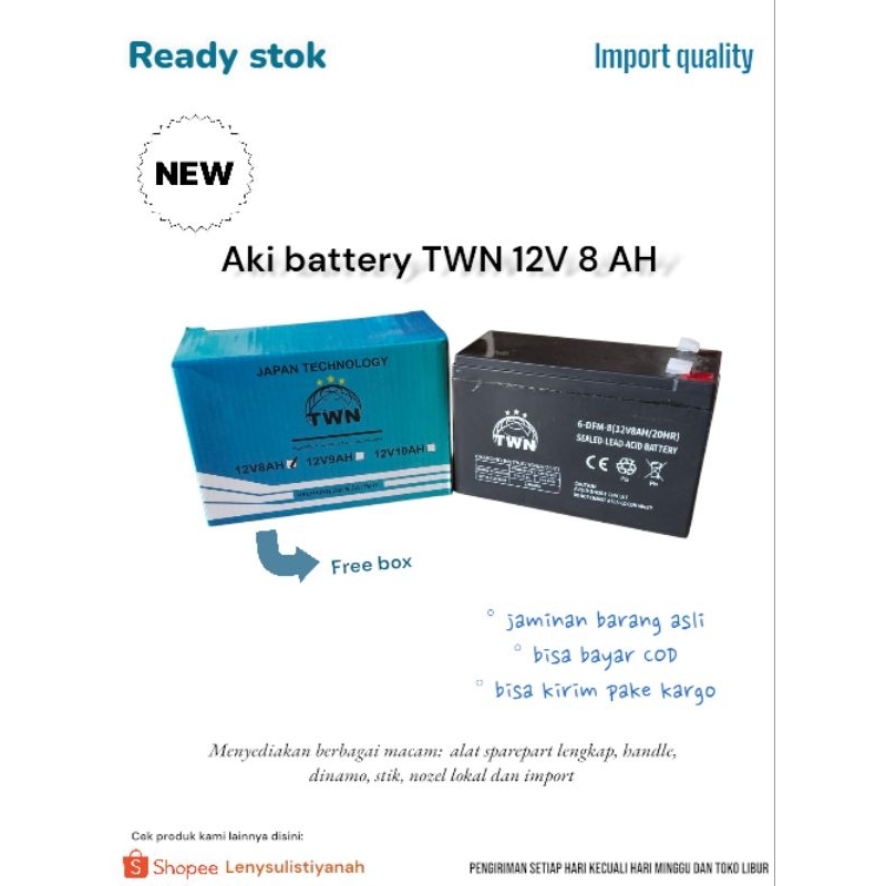 AKI BATTERY TWN 12V 8AH / AKI TWN ORIGINAL /  AKI SPRAYER ELEKTRIK / AKI MOBIL MAINAN/ AKI UPS / AKI