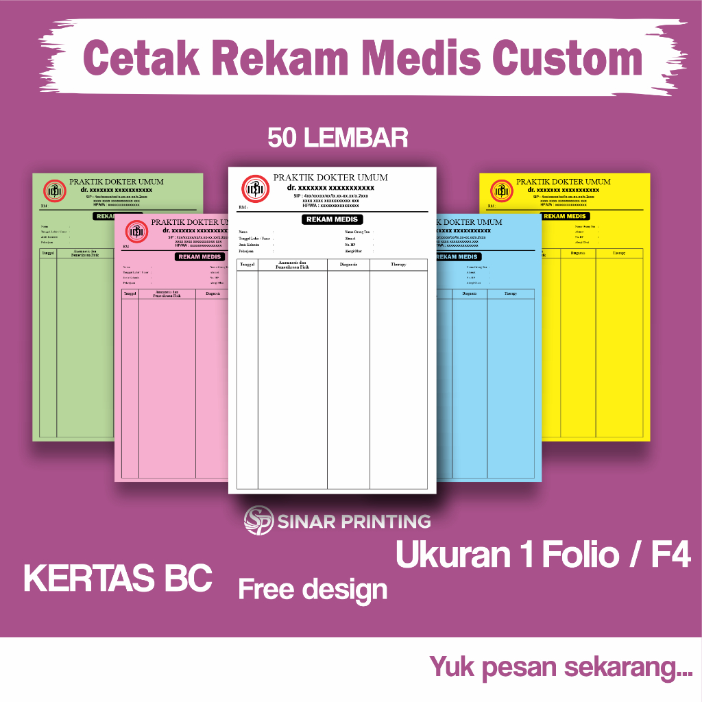 

Cetak Rekam Medis Custom Ukuran F4 / FOLIO Bahan kertas BC