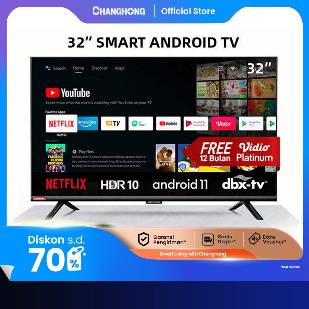 Changhong 32 Inch Newest Android 11 Frameless Smart TV Digital LED TV HD (L32G7N)-Netflix-Youtube Ga