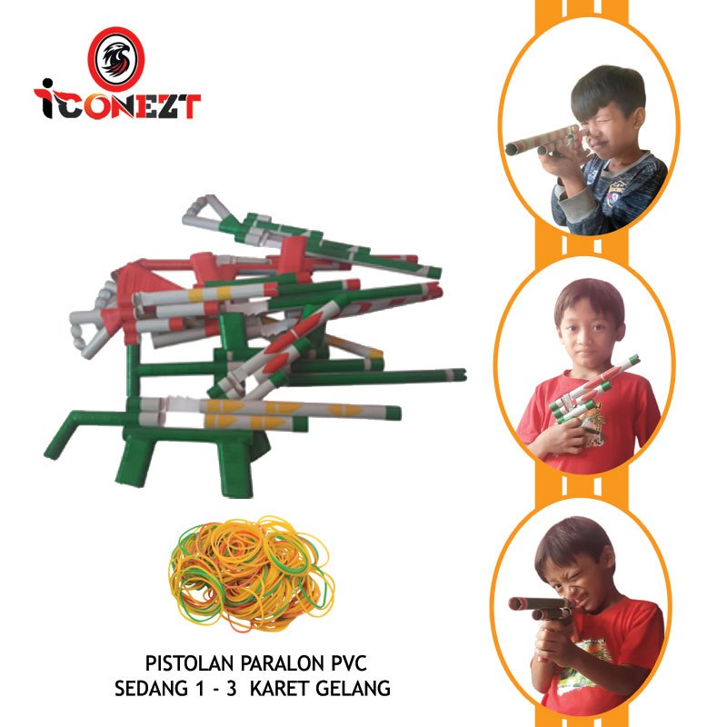 MAINAN PISTOLAN PARALON PVC SEDANG/PISTOLAN PLASTIK PVC 1- 4 PELURU KARET GELANG
