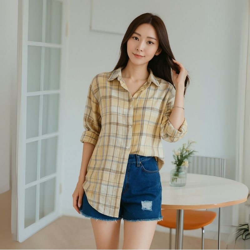 Kemeja Wanita Motif Kotak Import Bangkok | Shirt Wanita Casual
