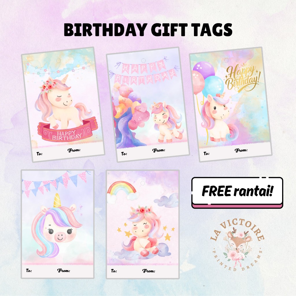 Birthday Gift Tags - Unicorn Pastel | Kartu Ucapan Ulang Tahun / Tag Kado