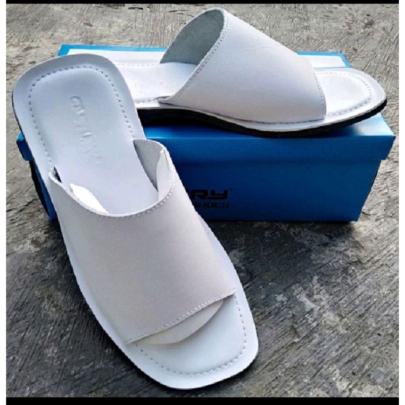 Sandal Sendal Karet Putih Kulit Asli Model Selop untuk Pria -Sendal Haji Umroh