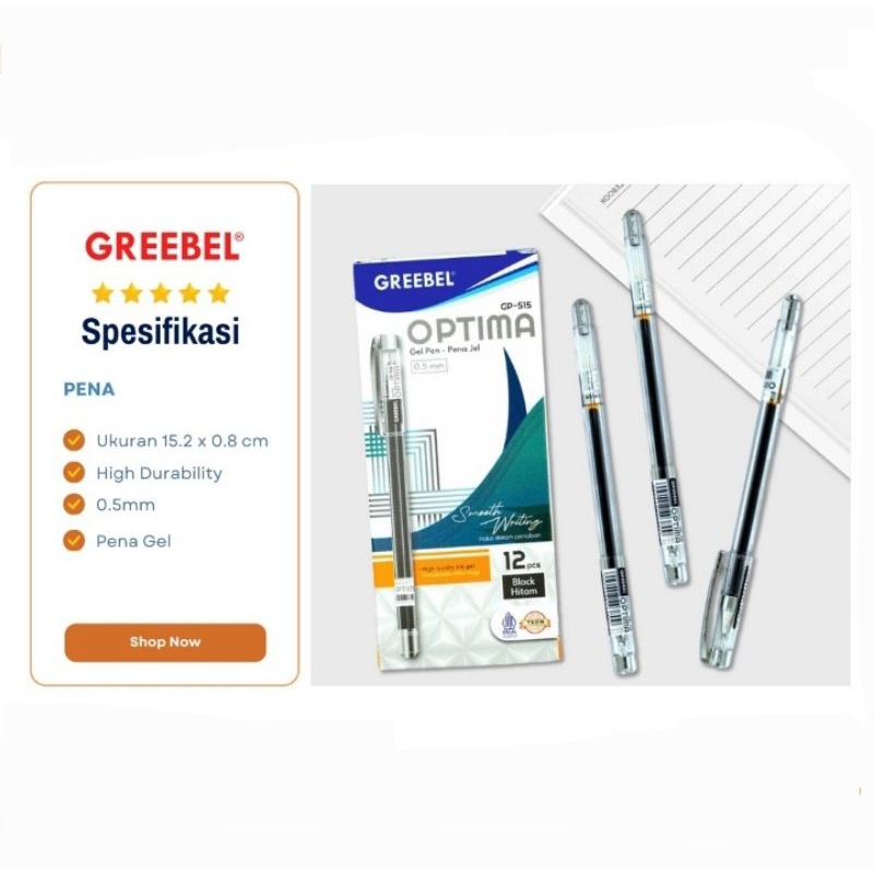

Pulpen Pena Gel Optima 0.5 Hitam Greebel Original Isi 12 Pcs/Kotak