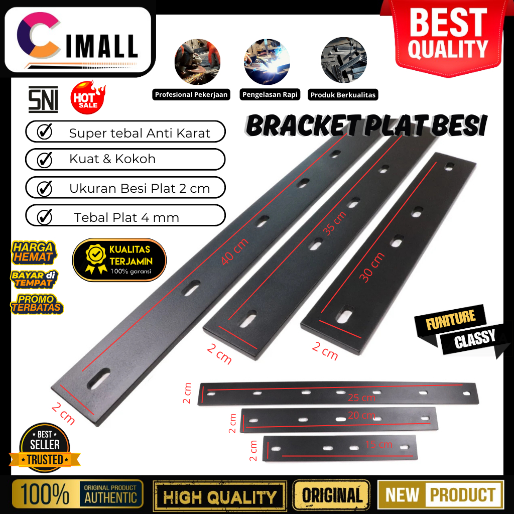 Plat Besi Tebal 4 mm Plat Lebar 2 cm Bracket Plat Besi Lubang Universal Panjang - Hitam