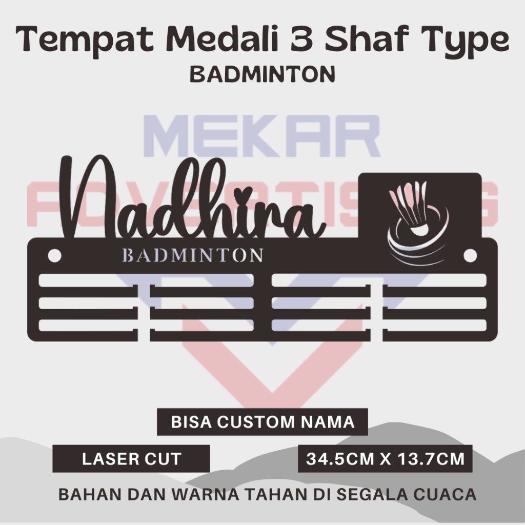TEMPAT MEDALI 3 SHAF TYPE STAINLESS GOLD MIROR CABANG OLAHRAGA BADMINTON CUSTOM NAMA