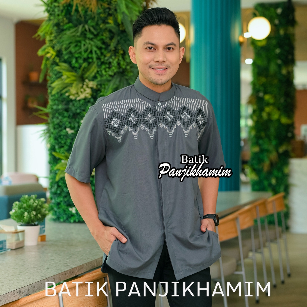 Baju Koko Pria Lengan Pendek Warna Putih Abu Tua Biru Muda Kombinasi Bordir Bahan Katun Jumbo XXXL