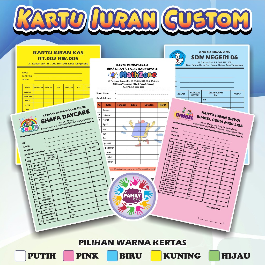 KARTU IURAN ( CUSTOM ) KARTU IURAN RT WARGA / KARTU SPP / KARTU INFAQ / KARTU BAYARAN LES SEKOLAH