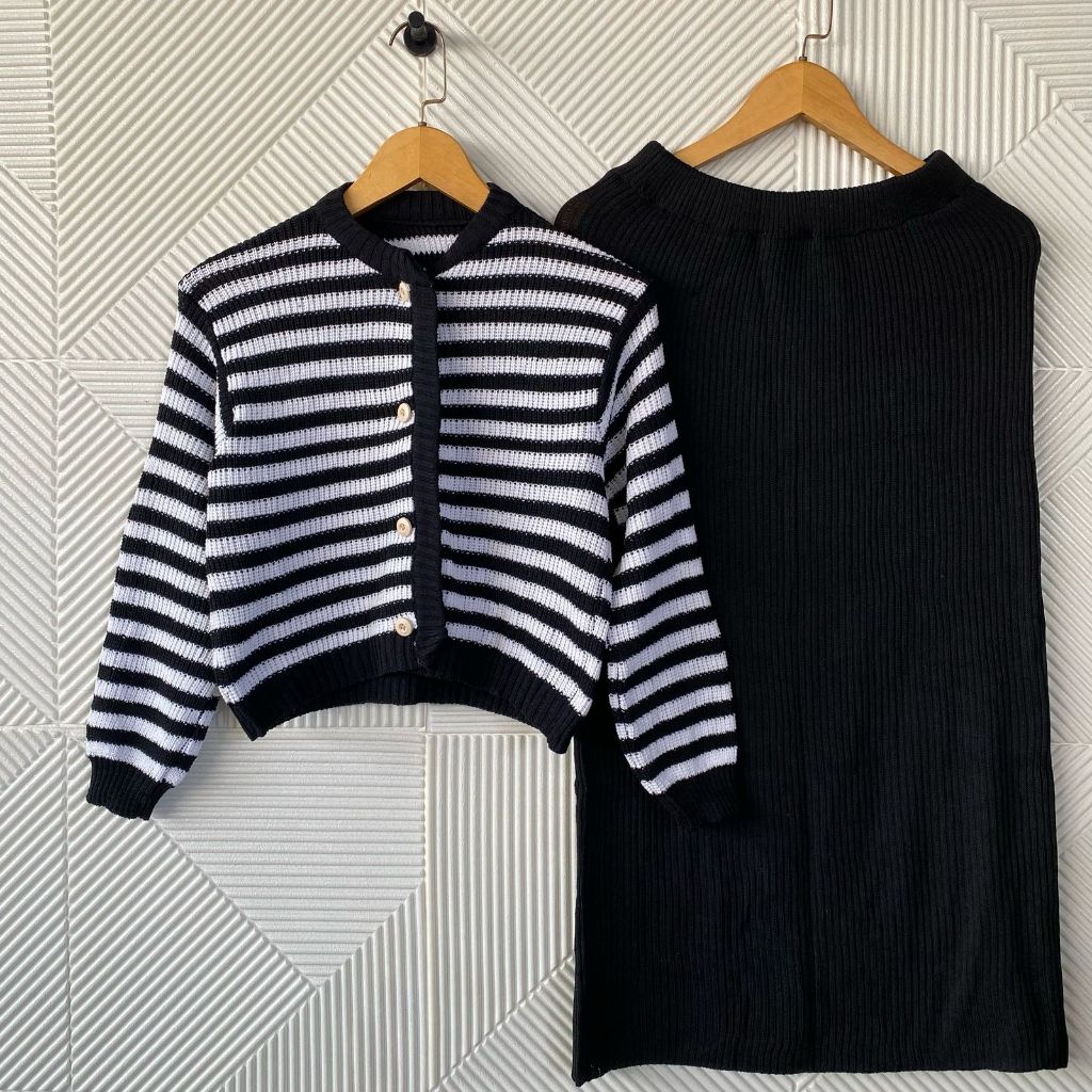 Setelan Rok Span Polos 7/8 Wanita / Set Atasan Kancing Garis-garis / One Set Lengan Panjang Crop Top
