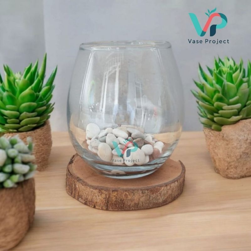 Paket Vas Bunga Kaca Bulat Dan Tatakan Kayu Rustic | Terarium Kaca | Vas Kaca Estetik | Vasquarium |