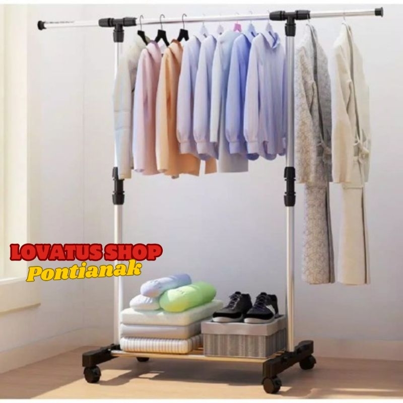 Rak Gantungan Baju Minimalis Single Stand Hanger dilengkapi roda gantungan etalase butik baju
