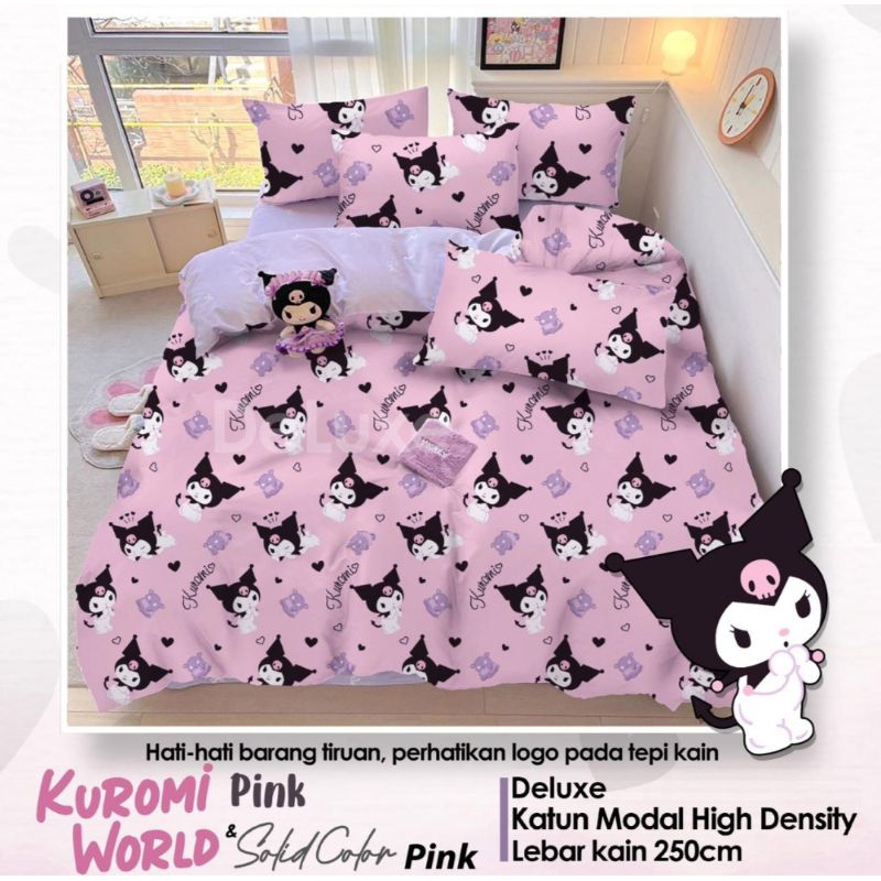 Sprei Katun Lokal Premium / Sprei Motif Kuromi Pink World Merk Bintang Kecil / Sprei boneka kuromi /