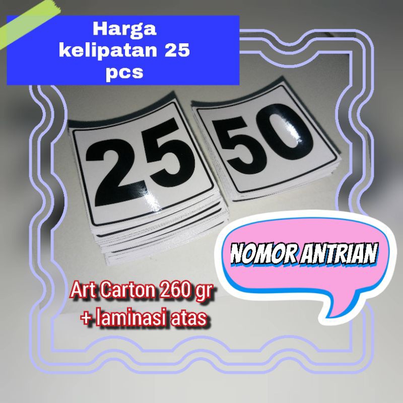 

Nomor Antrian 5x5cm Harga Kelipatan 25 pcs Bahan Art Carton 260 gr + laminasi atas, Kartu Antrian Kartu Angka Kartu Nomor