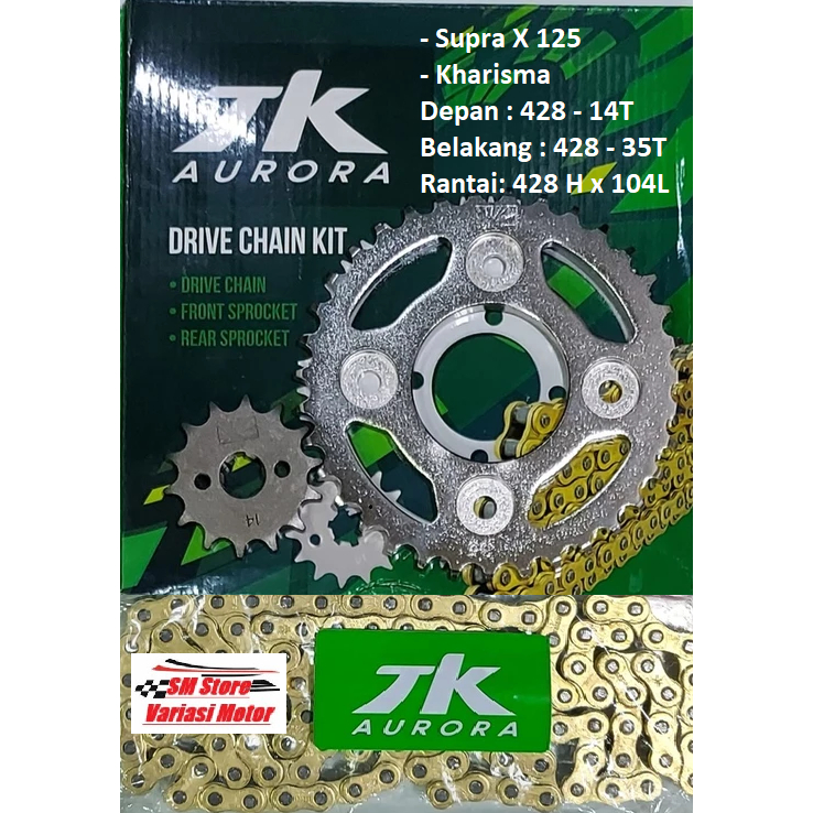 TK AURORA PAKET GEAR SET SUPRA X 125 / KHARISMA ( 14T / 35T ) & RANTAI 428H GOLD  DEPAN BELAKANG MOD