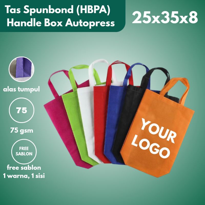 

[SABLON] Tas Spunbond HBPA / Autopress Goodiebag Ukuran 25x35x8 Tebal Polos 75GSM Model Tali